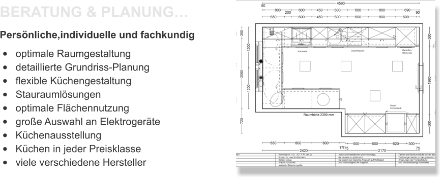 Persönliche,individuelle und fachkundig   BERATUNG & PLANUNG…  •	optimale Raumgestaltung •	detaillierte Grundriss-Planung   •	flexible Küchengestaltung •	Stauraumlösungen •	optimale Flächennutzung •	große Auswahl an Elektrogeräte  •	Küchenausstellung •	Küchen in jeder Preisklasse •	viele verschiedene Hersteller